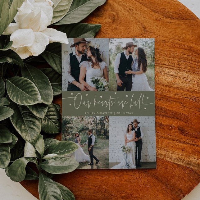 Carte De Remerciements Our Hearts Are Full Wedding Photo Sage Green (Créateur téléchargé)