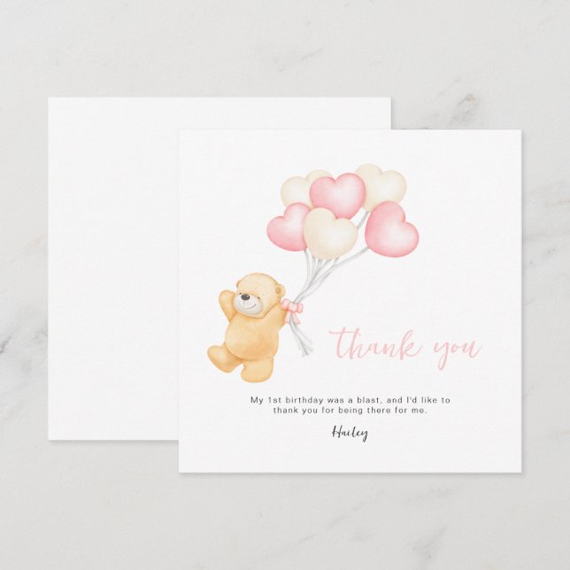 Carte De Remerciements Ours 1er Anniversaire Invitation, Première Fille A (Devant / Derrière)