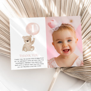 Carte De Remerciements Ours 1er Anniversaire Ours Ballon Rose Photo Plat