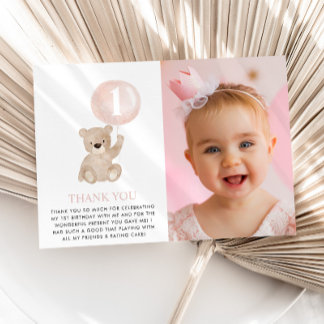 Carte De Remerciements Ours 1er Anniversaire Ours Ballon Rose Photo Plat
