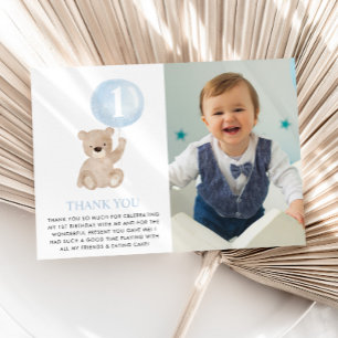 Carte De Remerciements Ours 1er Anniversaire Ours Bleu Ballon Photo Plat