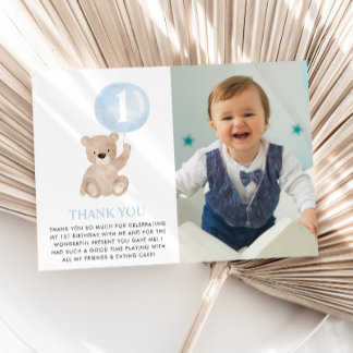 Carte De Remerciements Ours 1er Anniversaire Ours Bleu Ballon Photo Plat