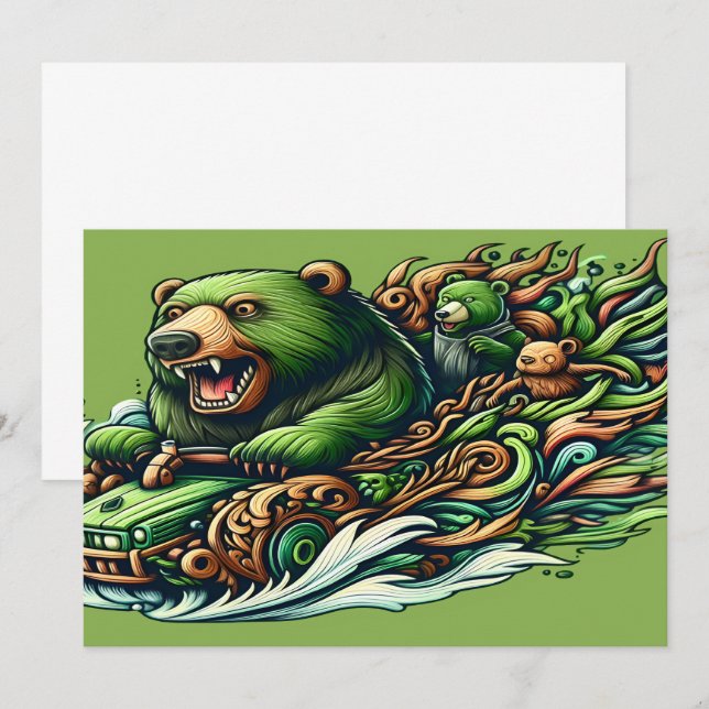 Carte De Remerciements Ours Animés à bord d'une voiture verte (Devant / Derrière)