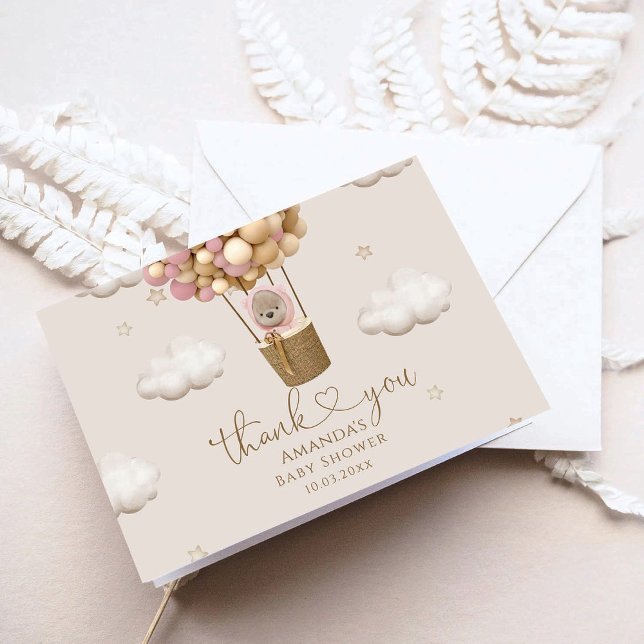 Carte De Remerciements Ours avec ballons Baby shower fille (Créateur téléchargé)