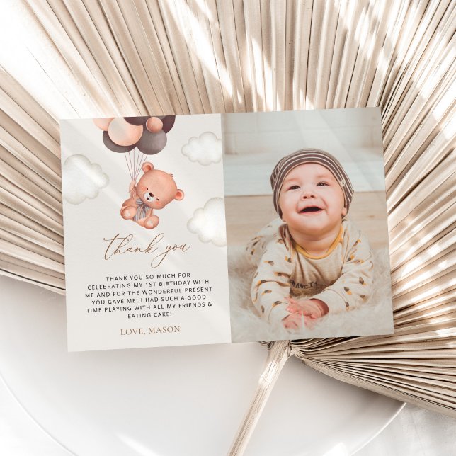 Carte De Remerciements Ours, Ballons Brown, Premier Anniversaire (Créateur téléchargé)