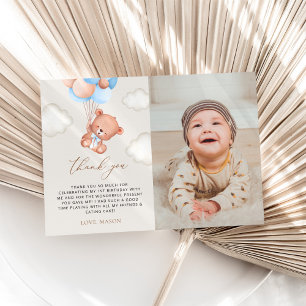Carte De Remerciements Ours Bébé, Ballons Bleus, Premier anniversaire