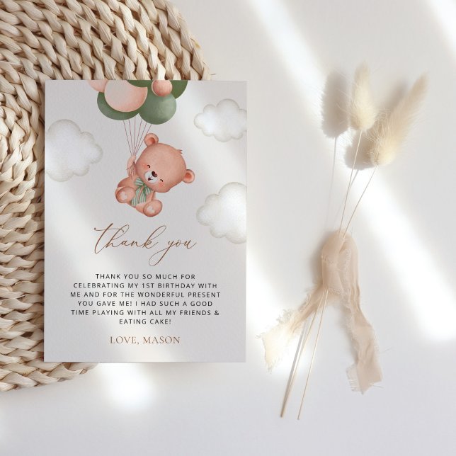 Carte De Remerciements Ours de bébé, Ballons verts, Premier anniversaire (Créateur téléchargé)