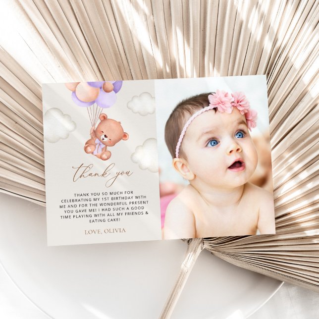 Carte De Remerciements Ours De Bébé, Ballons Violets, Premier Anniversair (Créateur téléchargé)