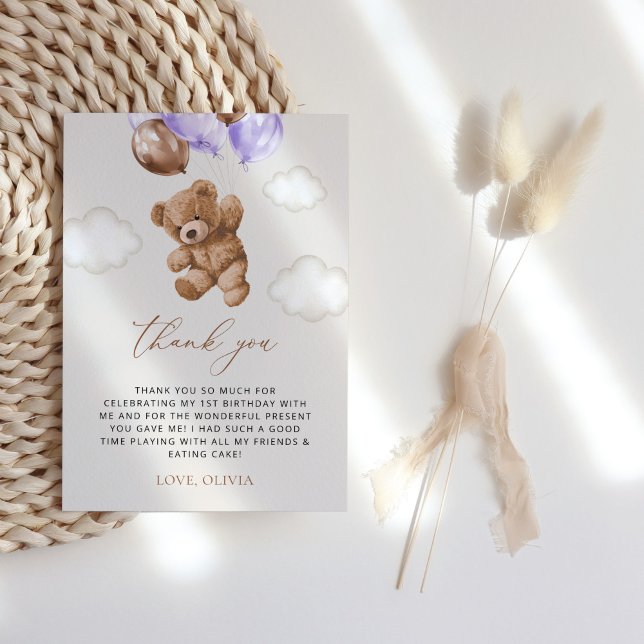 Carte De Remerciements Ours En Jeu, Ballons Violets, Premier Anniversaire (Créateur téléchargé)