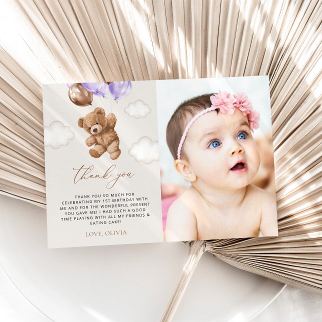 Carte De Remerciements Ours En Jeu, Ballons Violets, Premier Anniversaire (Créateur téléchargé)