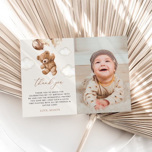 Carte De Remerciements Ours En Joue, Ballons Brown, Premier Anniversaire (Créateur téléchargé)
