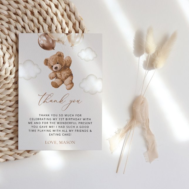 Carte De Remerciements Ours En Joue, Ballons Brown, Premier Anniversaire (Créateur téléchargé)