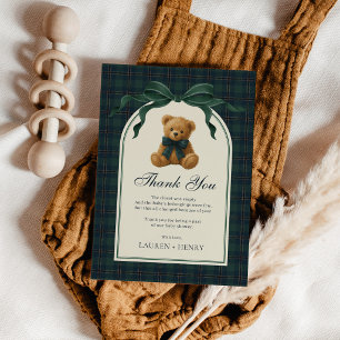 Carte De Remerciements Ours en peluche à noeud vert vintage plaid garçon