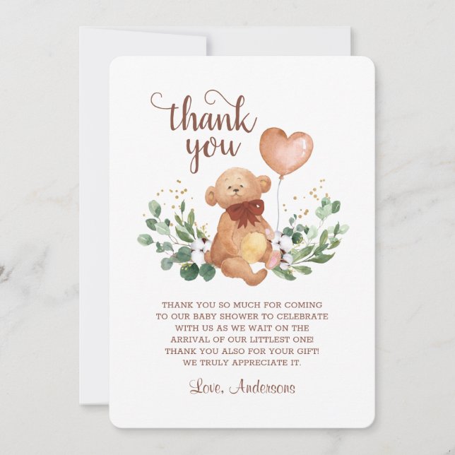 Carte De Remerciements Ours en peluche de verdure Baby Shower (Devant)