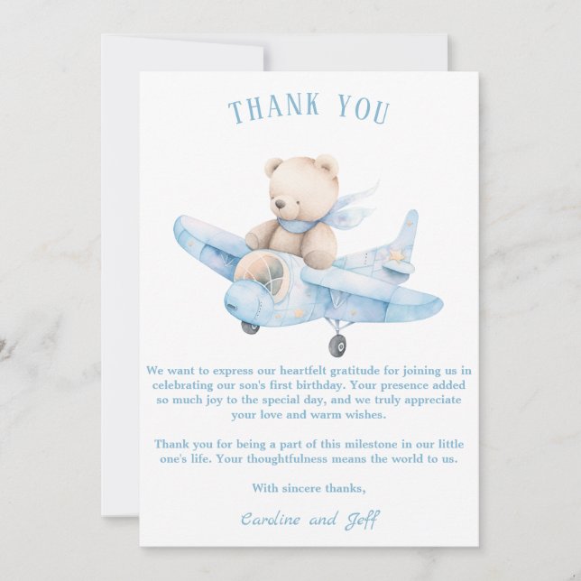 Carte De Remerciements Ours en peluche doux sur un avion (Devant)