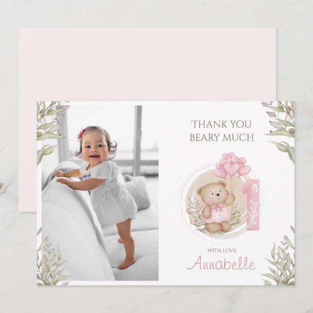 Carte De Remerciements Ours en peluche mignon | 1er anniversaire | Photo (Devant / Derrière)
