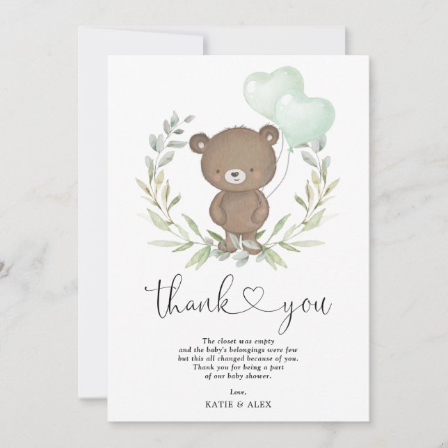 Carte De Remerciements Ours en peluche mignon avec ballons vert Wreath Ba (Devant)