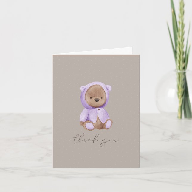 Carte De Remerciements Ours en peluche mou violet Brown Aquarelle neutre (Devant)