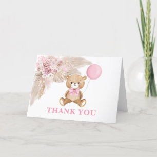 Carte De Remerciements Ours En Teddy Rose Dusty Balloon Bébé Fille Pliée