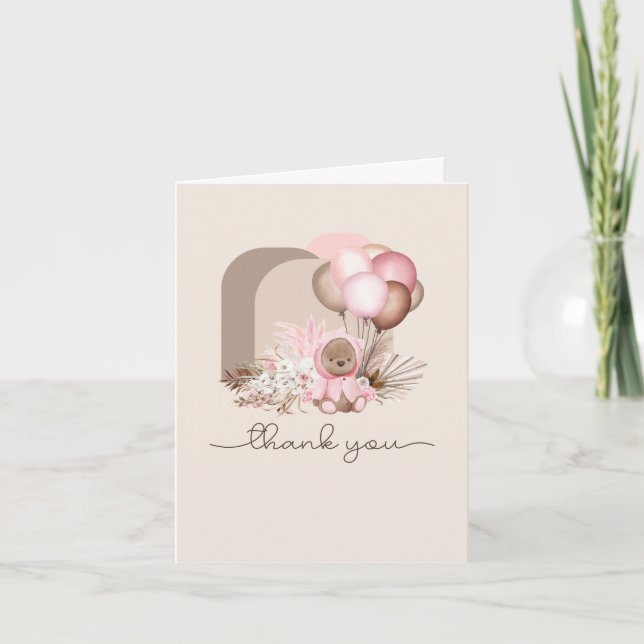 Carte De Remerciements Ours et ballons en bois - rose, Brown, neutre (Devant)