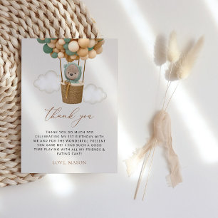 Carte De Remerciements Ours mignon, Ballons verts, Premier anniversaire
