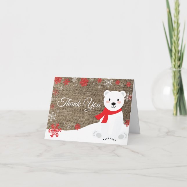 Carte De Remerciements Ours polaire d'hiver flocon de neige rouge toile d (Devant)