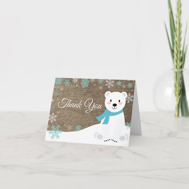 Carte De Remerciements Ours polaire d'hiver flocon de neige toile de jute (Devant)