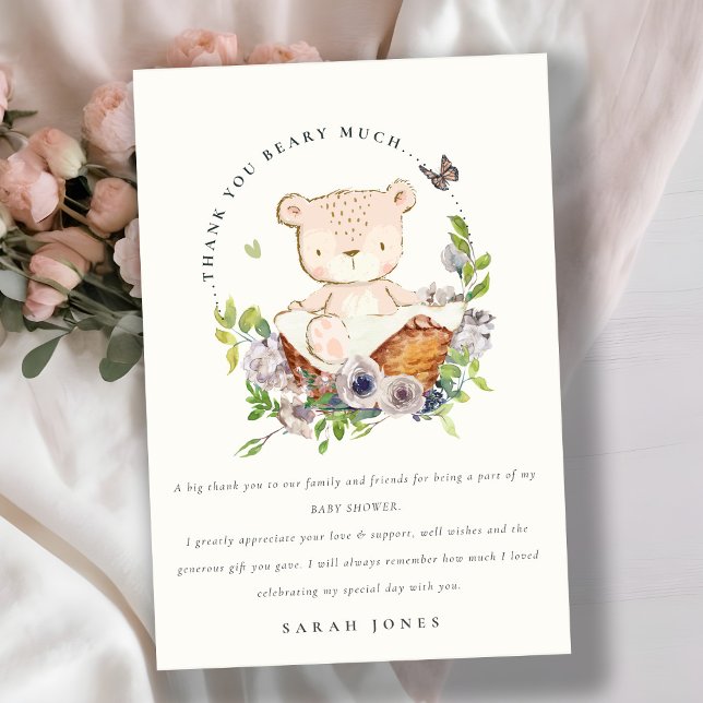 Carte De Remerciements Ours Teddy Mignonne Dans Panier Fleur Baby shower  (Créateur téléchargé)