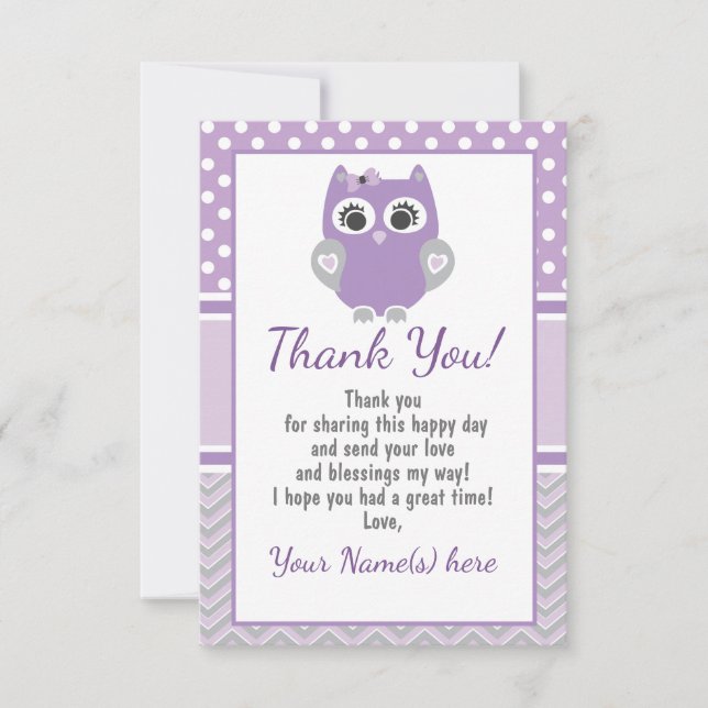 Carte de remerciements OWL violet, anniversaire (Devant)