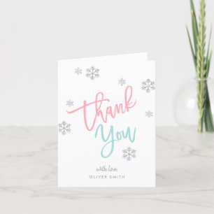 Carte De Remerciements Pailleté Argent Hiver Flocon de Neige Rose & Bleu