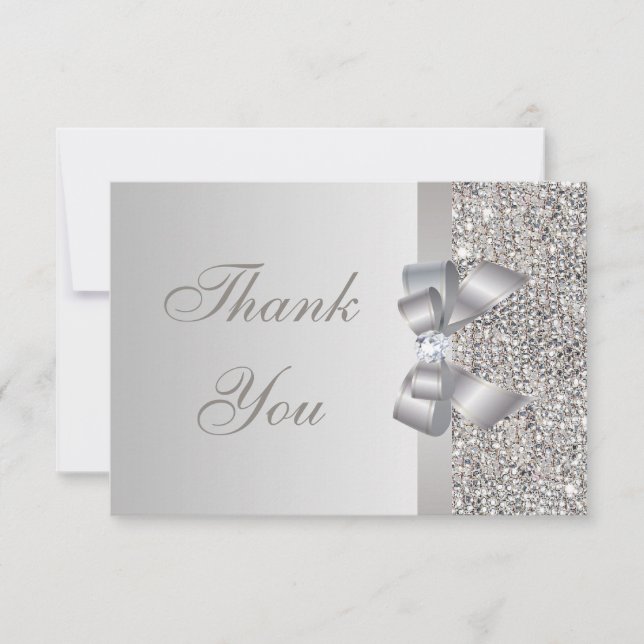 Carte De Remerciements Paillettes Argent, Nœud & Diamant Mariage Remercie (Devant)