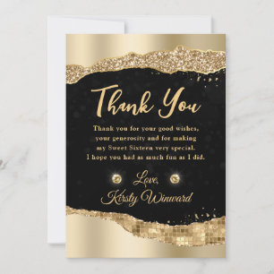 Carte De Remerciements Paillettes dorées Glam Larmes Bords Sweet Sixteen
