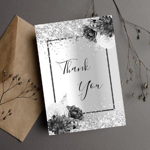 Carte De Remerciements Paillettes florales argentées élégantes et glamour