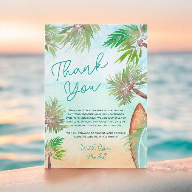 Carte De Remerciements Palmiers tropicaux plage bébé à bord de douche (Tropical palm trees beach baby on board shower thank you card)
