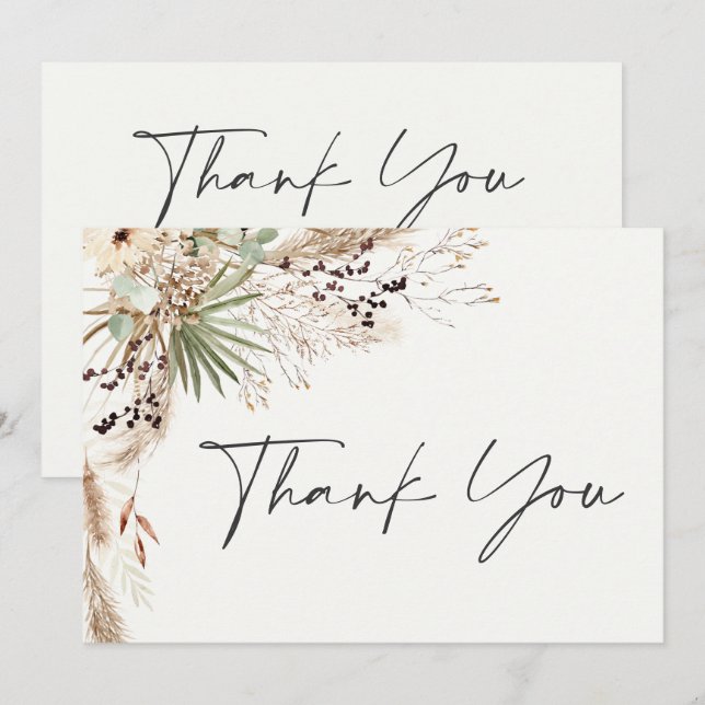 Carte De Remerciements Pampas douche nuptiale herbe moderne boho élégant (Devant / Derrière)
