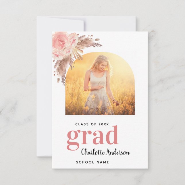 Carte De Remerciements Pampas herbe photo blush graduation fille (Devant)