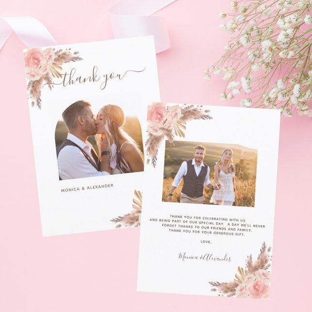 Carte De Remerciements Pampas herbe rose pâle photo boho mariage (Créateur téléchargé)