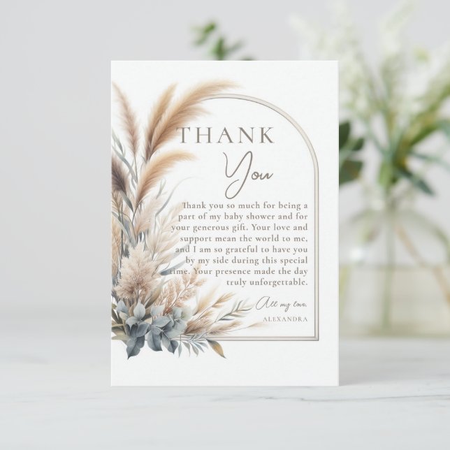 Carte De Remerciements Pampas Végétation verte Boho Baby shower neutre (Debout devant)