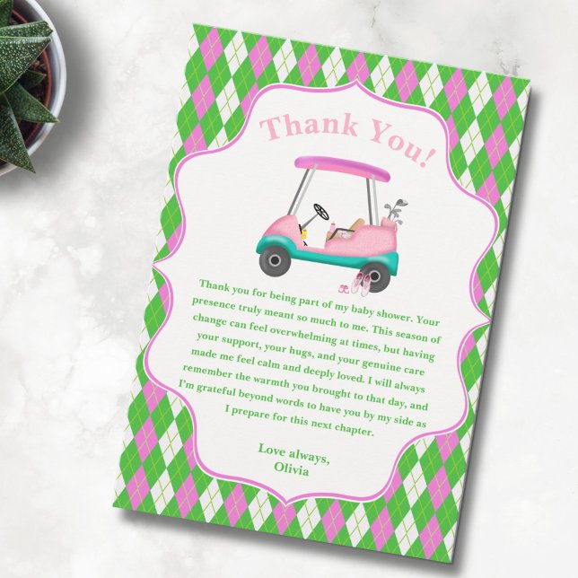 Carte De Remerciements Panier De Golf Élégant Prêt Pour Le Baby shower (Thank you in golf style! ⛳💗 A playful baby shower card for golf-loving parents.)