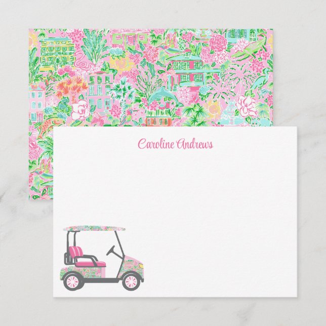 Carte De Remerciements Panier de golf Pink & Green Palm Beach personnalis (Devant / Derrière)
