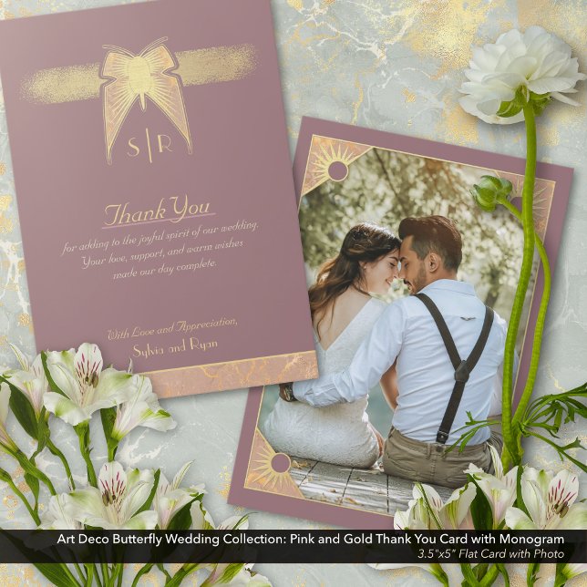 Carte De Remerciements Papillon Art Déco Monogramme Photo Rose Or Plat (Art Deco Butterfly Wedding Thank You Card: Antique Gold and Dusty Pink/Mauve with Monogram)