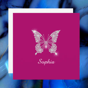 Carte De Remerciements Papillon Diamant Blanc, Nom du script, Fuchsia pro