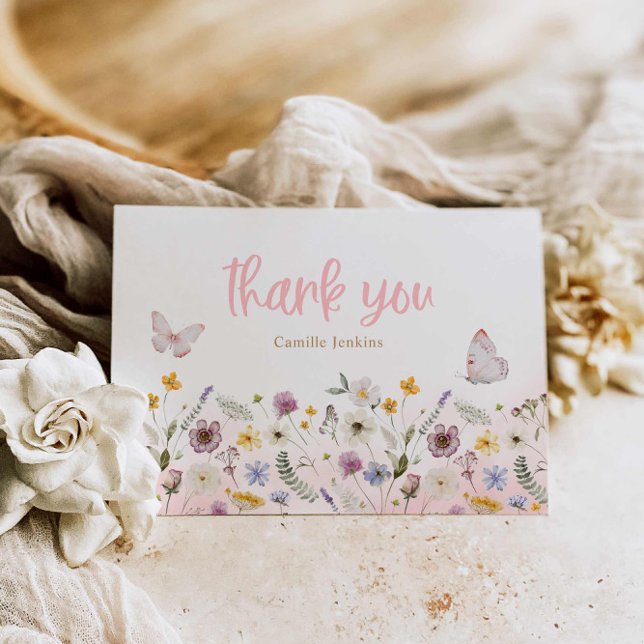 Carte De Remerciements Papillon et Baby shower Fleur sauvage (Butterfly and Wildflower Baby Shower Thank you Card)