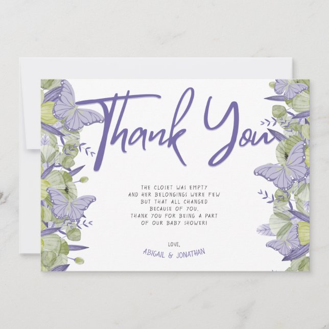 Carte de remerciements papillon et fille aux fleur (Devant)