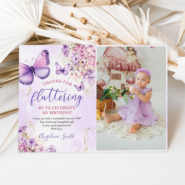 Carte De Remerciements Papillon floral mauve et or photo d'anniversaire (Créateur téléchargé)