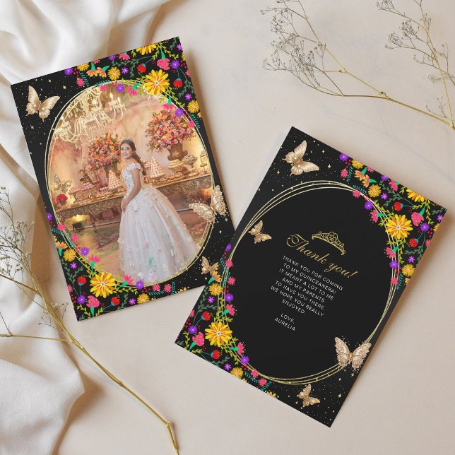 Carte De Remerciements Papillon Floral Noir Or Quinceañera Photo (Créateur téléchargé)