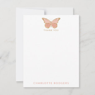 Carte De Remerciements Papillon rose blush personnalisé avec strass doré 