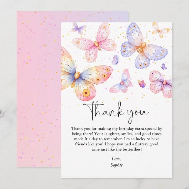 Carte De Remerciements Papillon rose pourpre Fille Tous les âges Annivers (Devant / Derrière)