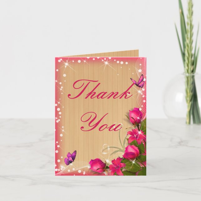 Carte de remerciements papillon rose rose bois rus (Devant)