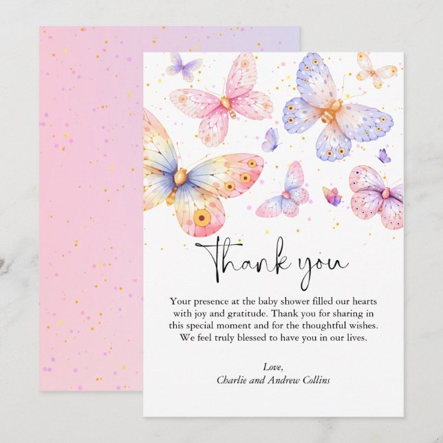 Carte De Remerciements Papillon rose violet Baby shower fille (Devant / Derrière)